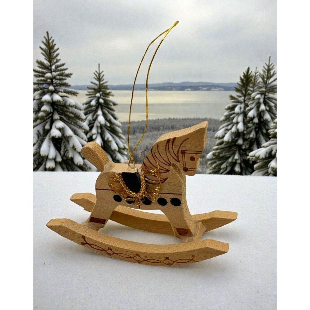 Wooden Rocking Horse Christmas Ornament Gold Trim